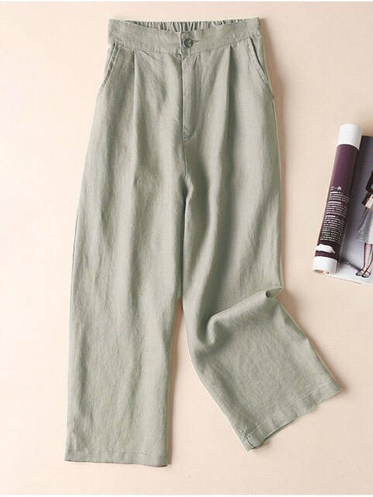 Solid Pockets Elastic Cotton Casual Straight Pants