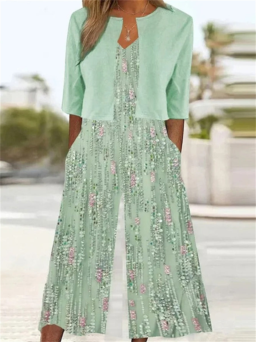 Green Floral Print Short Sleeve Two Piece Set