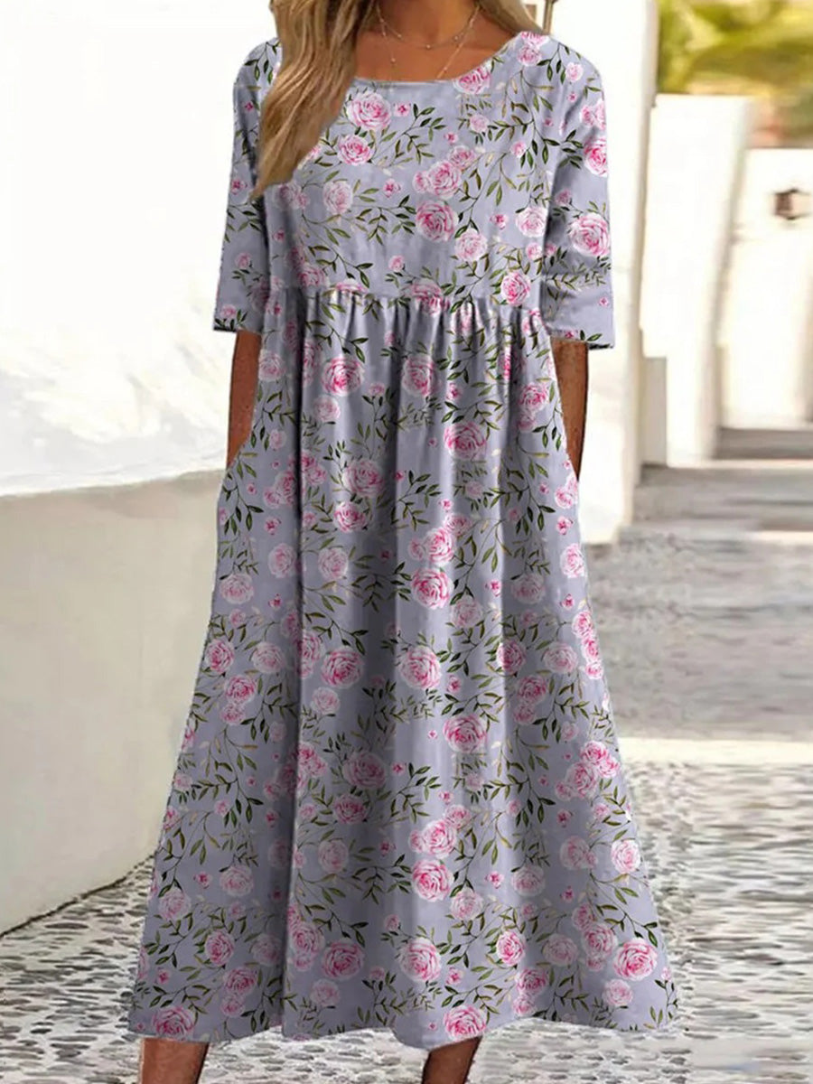 LilyWish Floral Print Short Sleeve Round Neck Midi Dress