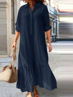 Casual Vintage Solid Lapel Long Sleeve Maxi Dress