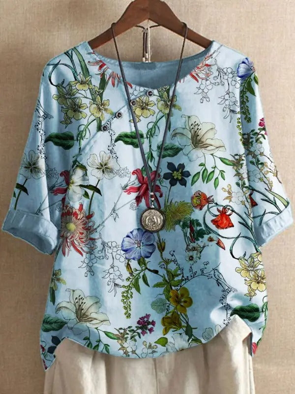 Blue Casual Round Neck Floral Printed Half Sleeve Blouse