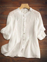 Women’s Pleated Front Button Up Puff Sleeve Loose Fit Blouse