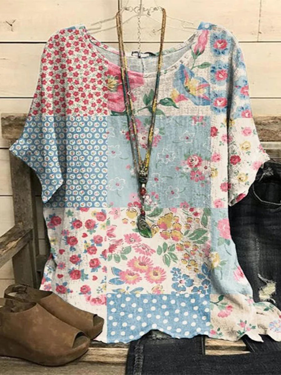 LilyWish Retro Floral Crew Neck Short Sleeve Top