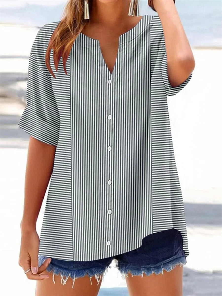 LilyWish Casual Striped V-neck Short Sleeve Top