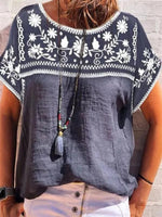 LilyWish Navy Blue Ethnic Short Sleeve Crew Neck Shirt