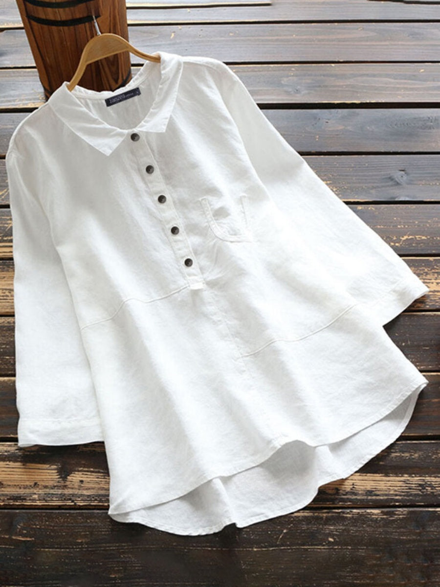 LilyWish Solid Color Shirt Lapel Collar Long Sleeve Cotton Casual Blouse