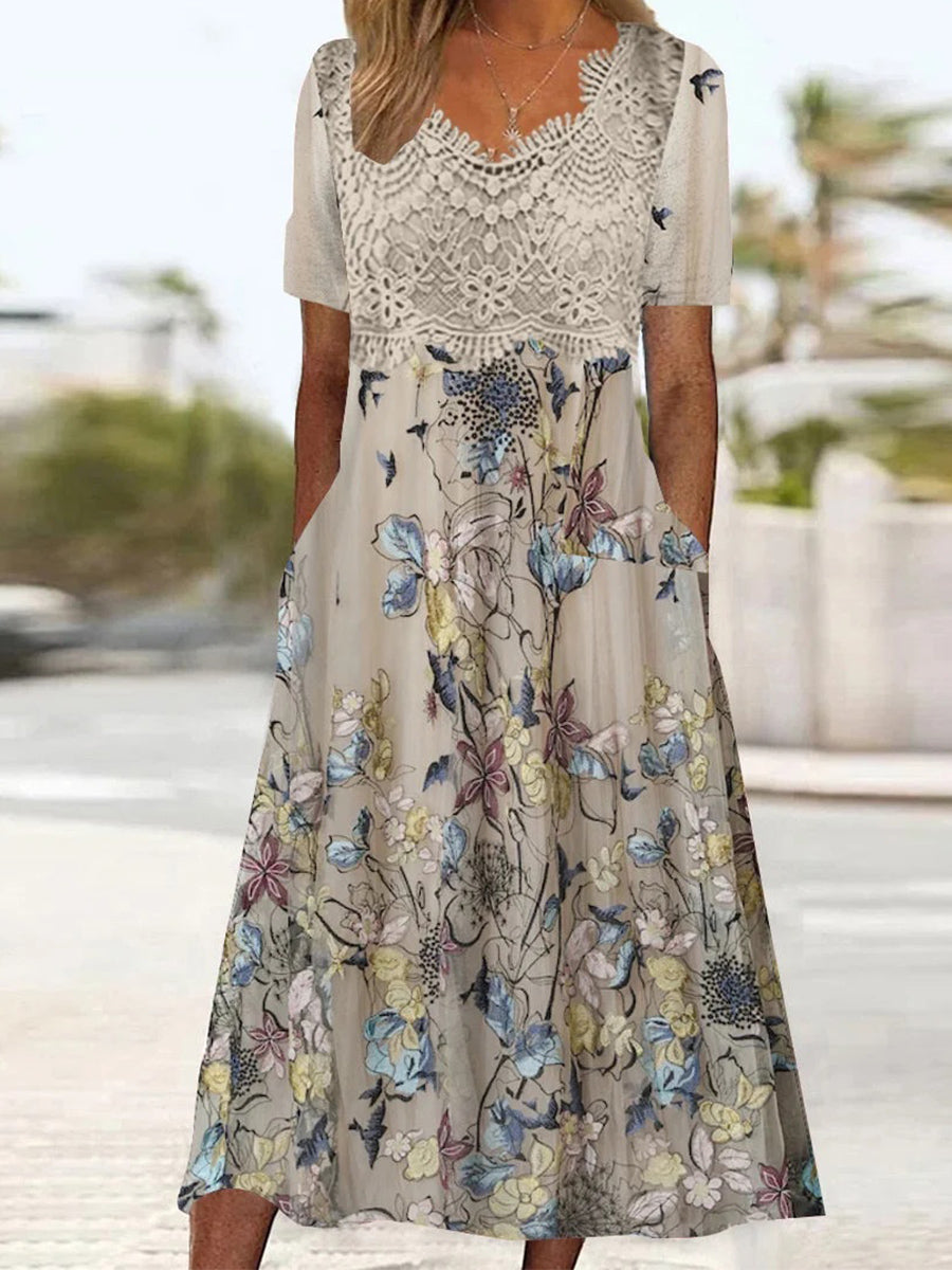 Women's Short Sleeve V-neck Graphic Printed Lace Stitching Midi Dress