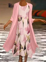 Women's Floral Midi Dress Set with Sleeveless Dress and Lightweight Cardigan