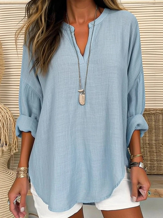 LilyWish Blue Casual V Neck Solid Long Sleeve Blouse