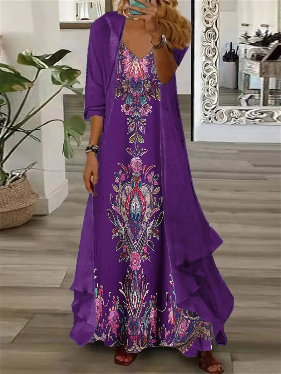 Women's Long Sleeve V-neck Graphic Printed Two Pieces Maxi Dress
