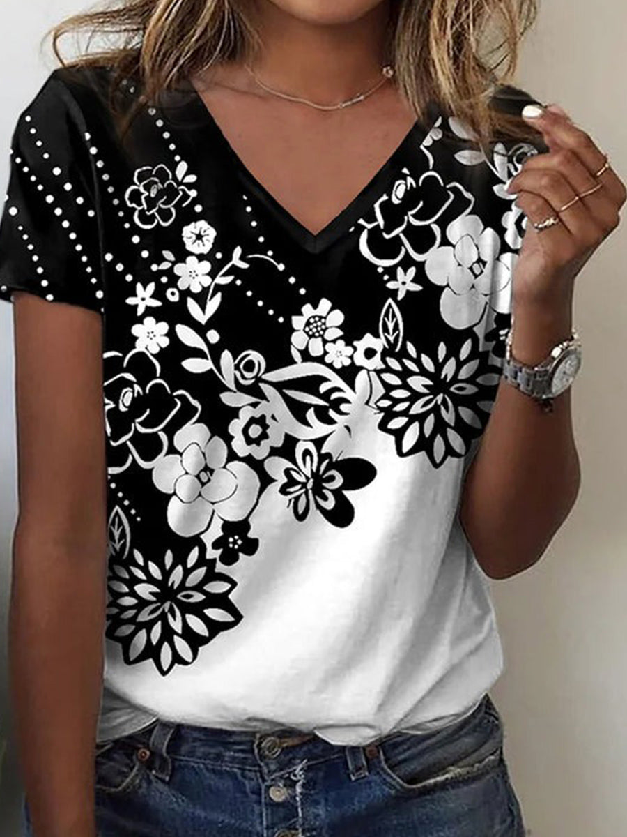 Black Patchwork Floral Print T-Shirt