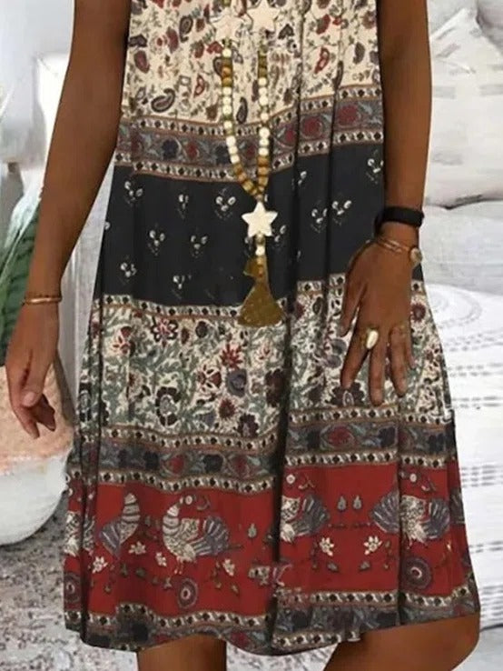 LilyWish Women?ˉs Boho Sleeveless Patchwork Print A-Line Midi Dress with Pockets