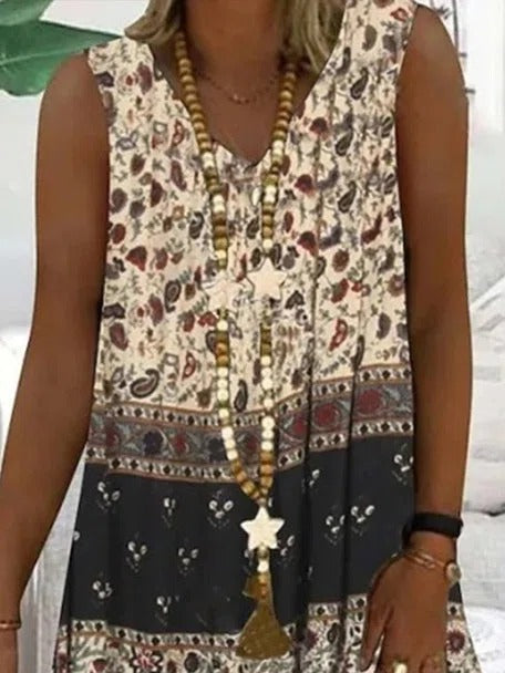 LilyWish Women?ˉs Boho Sleeveless Patchwork Print A-Line Midi Dress with Pockets