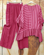 Red Casual V Neck Stripe Printed Half Sleeve Two Piece Sets