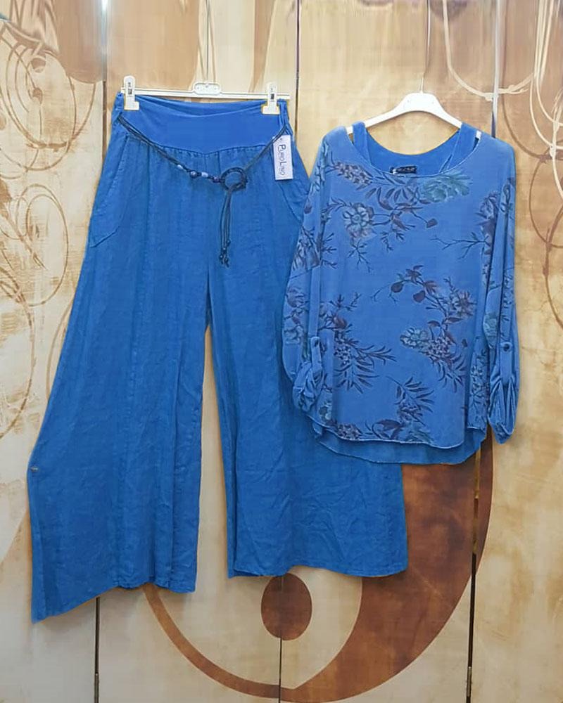 Blue Casual Round Neck Floral Printed Long Sleeve Two Piece Sets