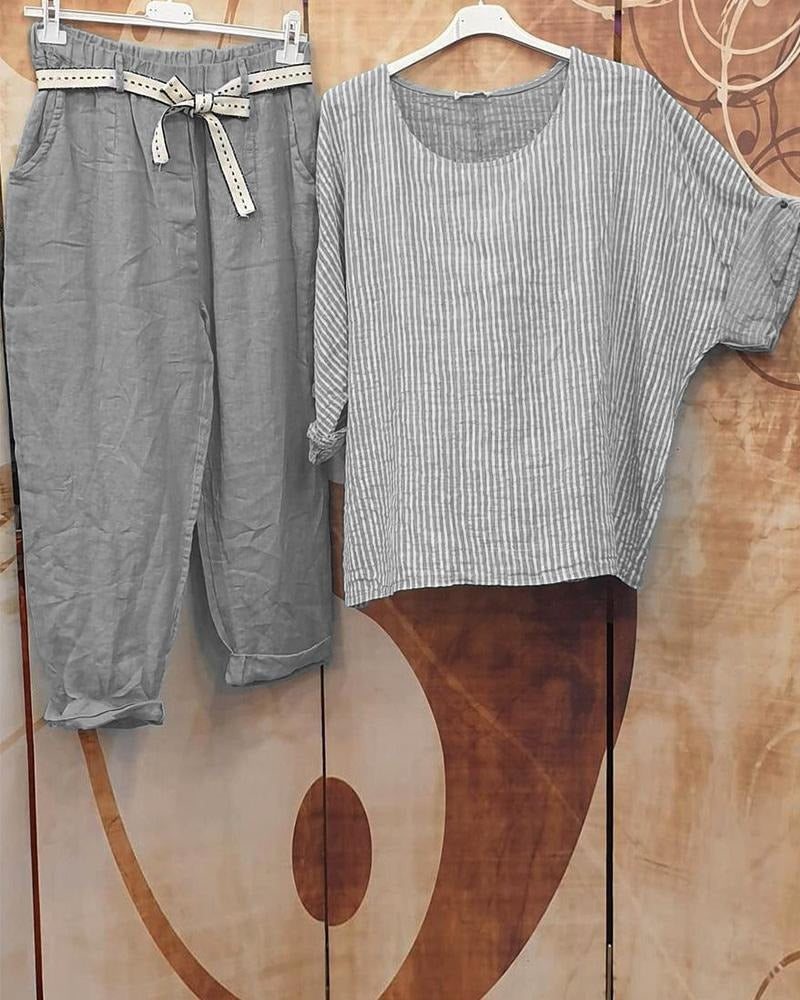 Gray Casual Round Neck Stripe Printed Half Sleeve Two Piece Sets