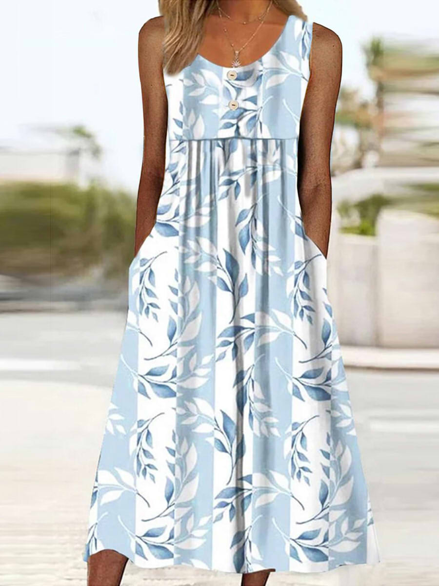 Women's Sleeveless Leaf Print Midi Dress With Jacket