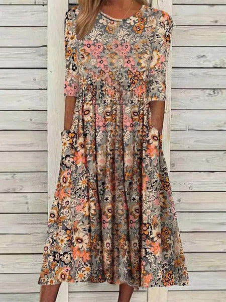 Multi Color Casual Round Neck Floral Printed Half Sleeve Dresses