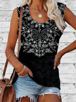 Women’s Black Sleeveless Tank Top with White Boho Floral Print