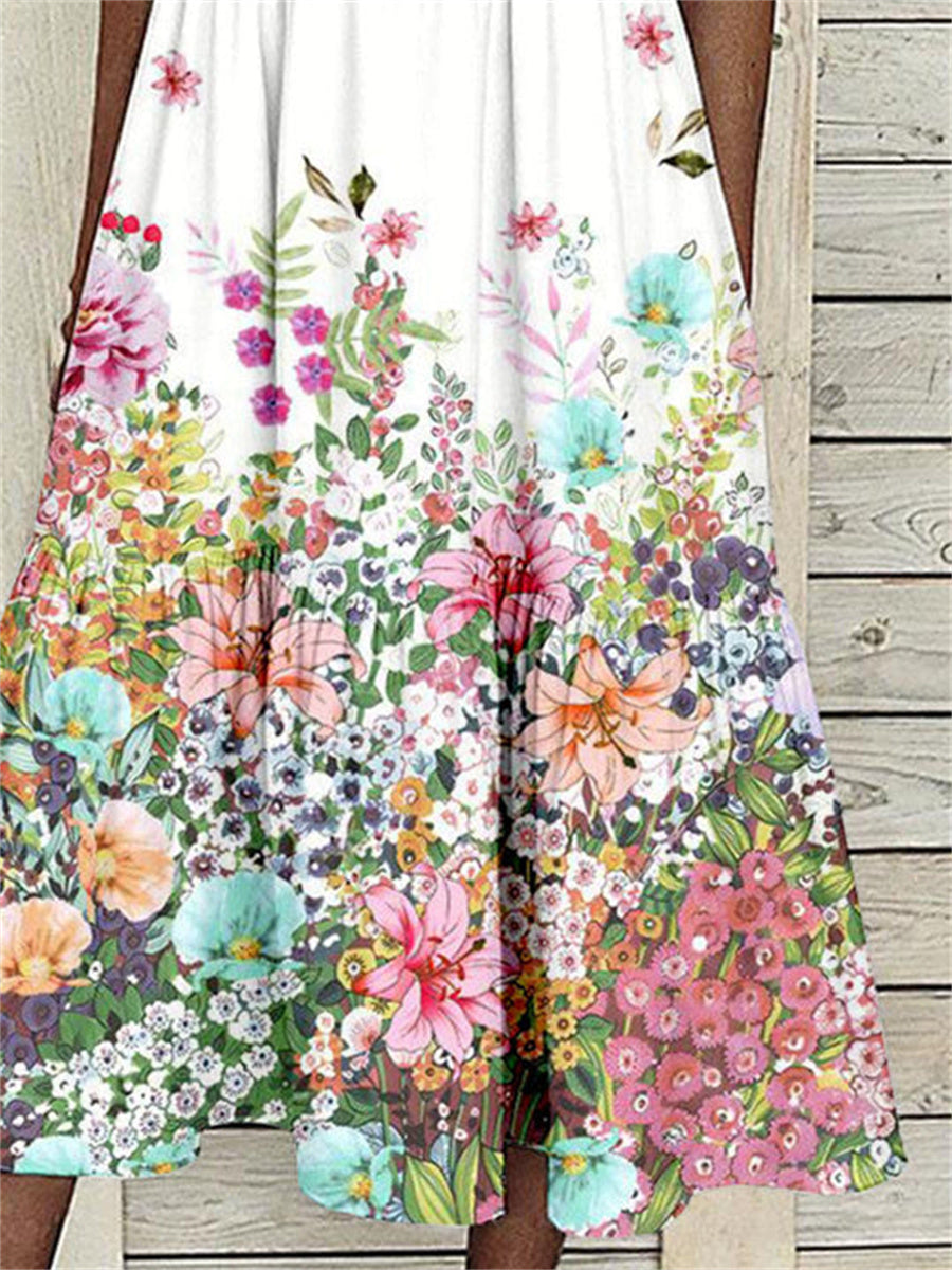 Women Sleeveless Lapel Floral Printed Graphic Button Pockets Maxi Dress