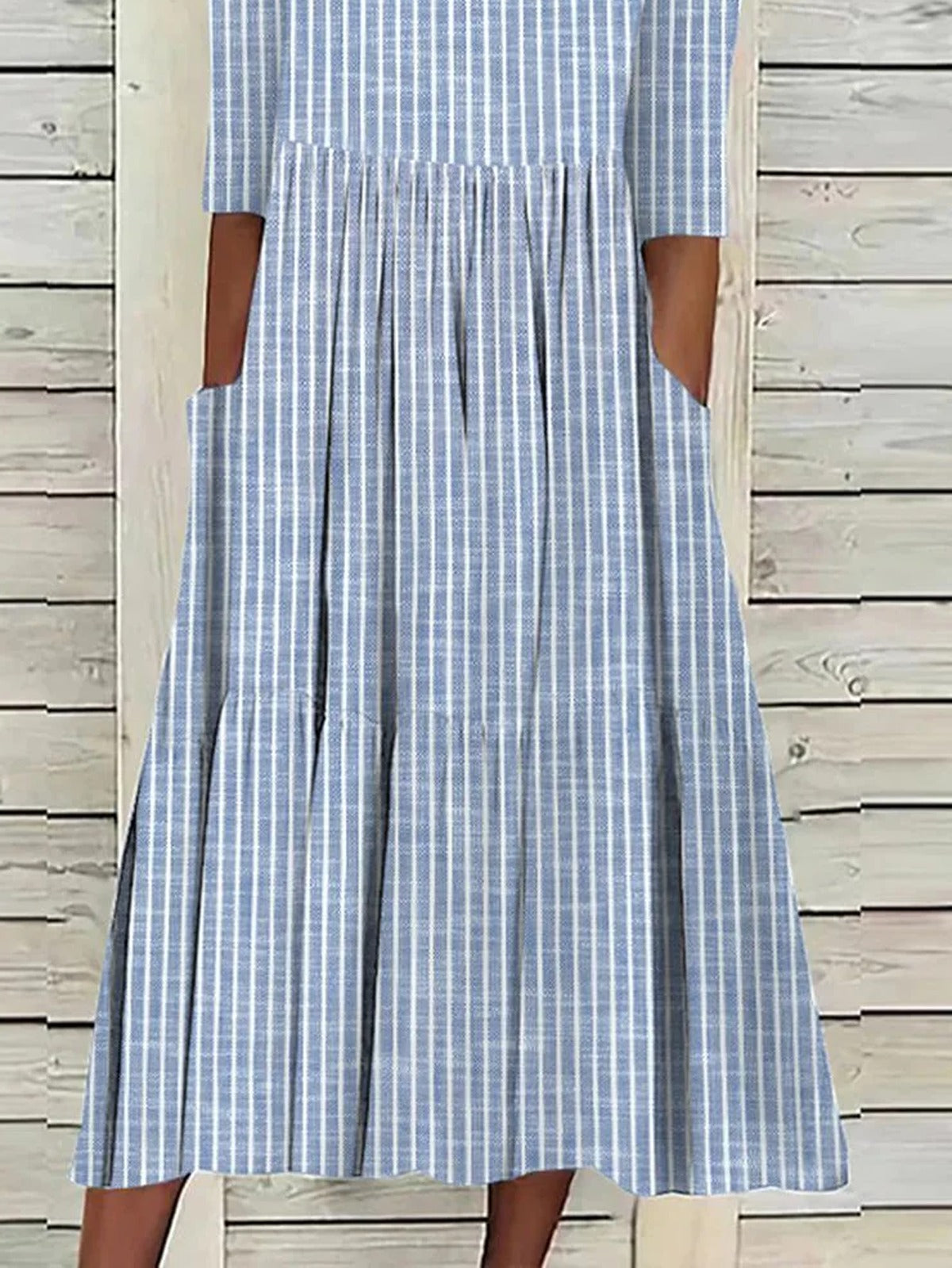 Women's Striped Half Sleeve Loose Fit Midi Dress with Pockets