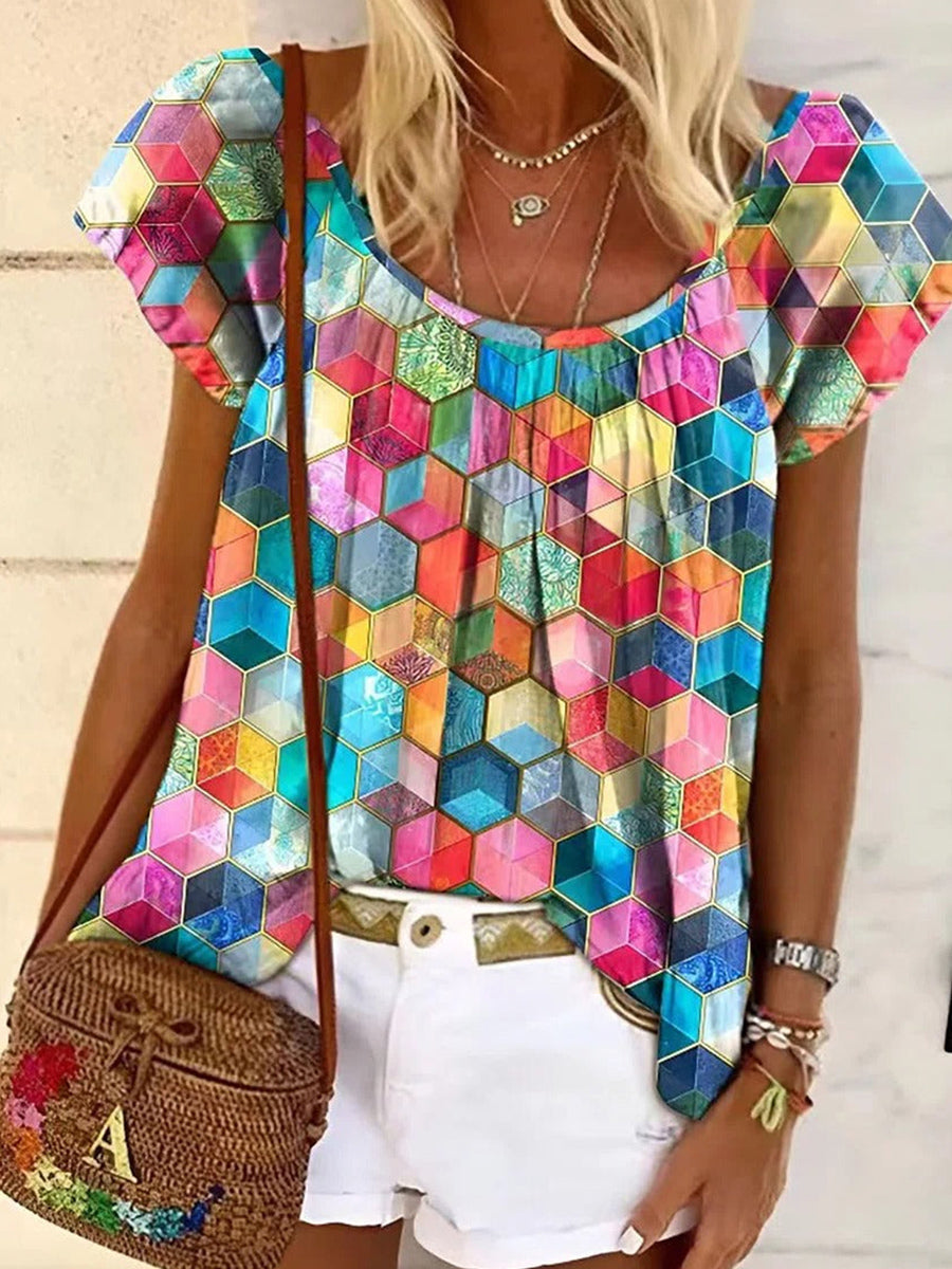 Geometric Print Round Neck Short Sleeve T-shirt