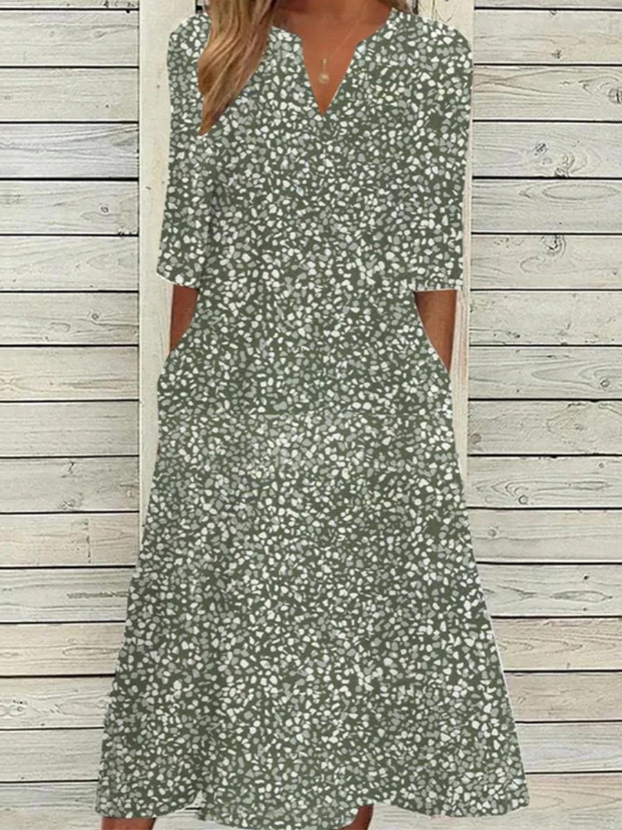 LilyWish Green Side Pocket V-neck Short Sleeve Midi Dress