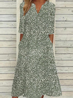 LilyWish Green Side Pocket V-neck Short Sleeve Midi Dress