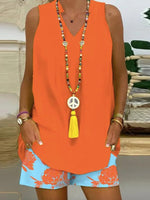 Orange Sleeveless Print Two Piece Set