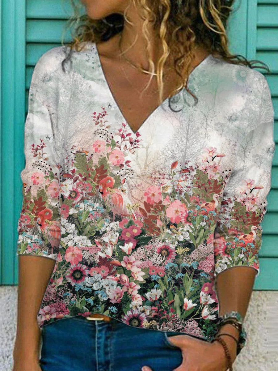 Floral Print V-neck Long Sleeve Top