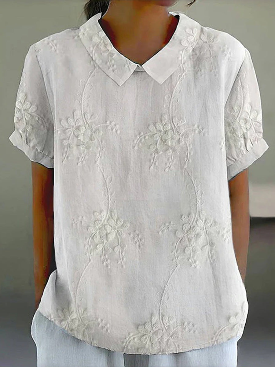 LilyWish Vintage Floral Print Short Sleeve White Blouse