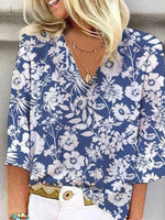 Blue Floral Print 3/4 Sleeve Top