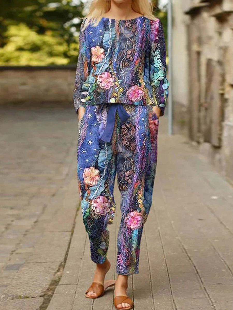 Purple Casual Floral Two-Piece Suit