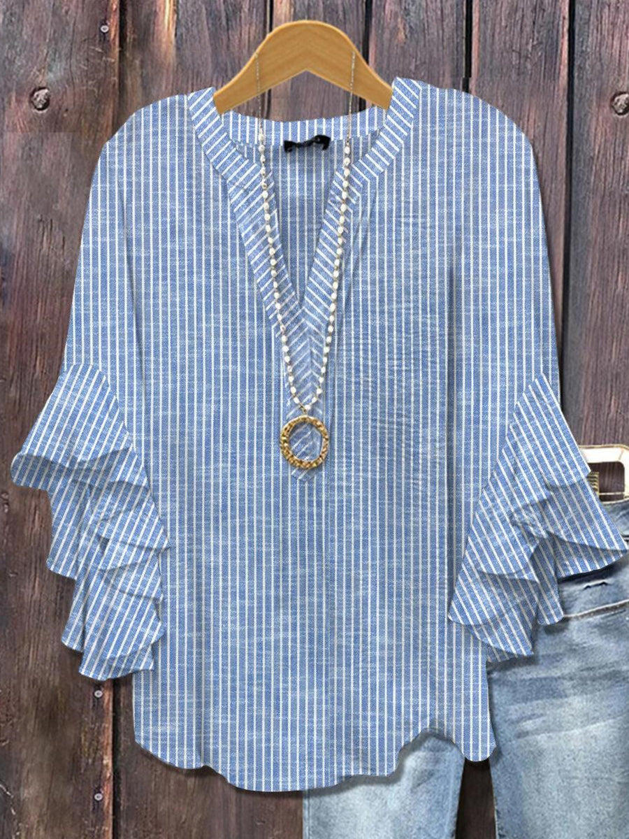 Blue Striped Print V-neck 3/4 Sleeve Top