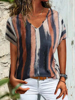Stripes V Neck Shift Short Sleeve T-shirt