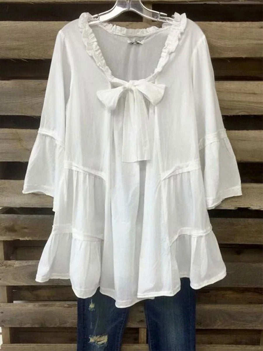 LilyWish White Chic Loose Bow Tie 3/4 Sleeve Blouse