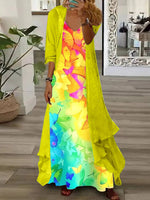 Women's Long Sleeve V-neck Colorblock Graphic Printed Two Pieces Maxi Dress