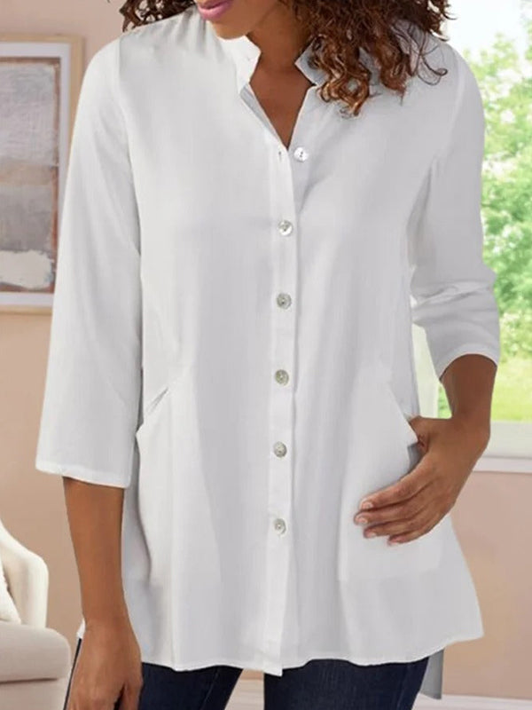 White Casual Lapel 3/4 Sleeve Solid with Buttons Blouse