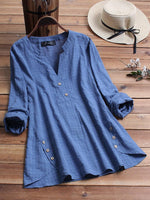 LilyWish Vintage Plaid Side Button V-neck Long Sleeve Blouse