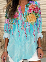 LilyWish Elegant V-Neck Floral Print Long Sleeve Top