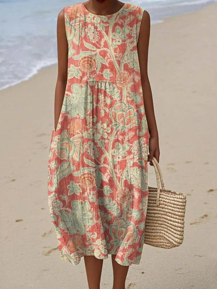 LilyWish Vintage Floral Print Round Neck Sleeveless Dress