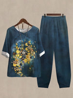 Navy Casual Round Neck Butterfly Printed Daily Two Piece Suit