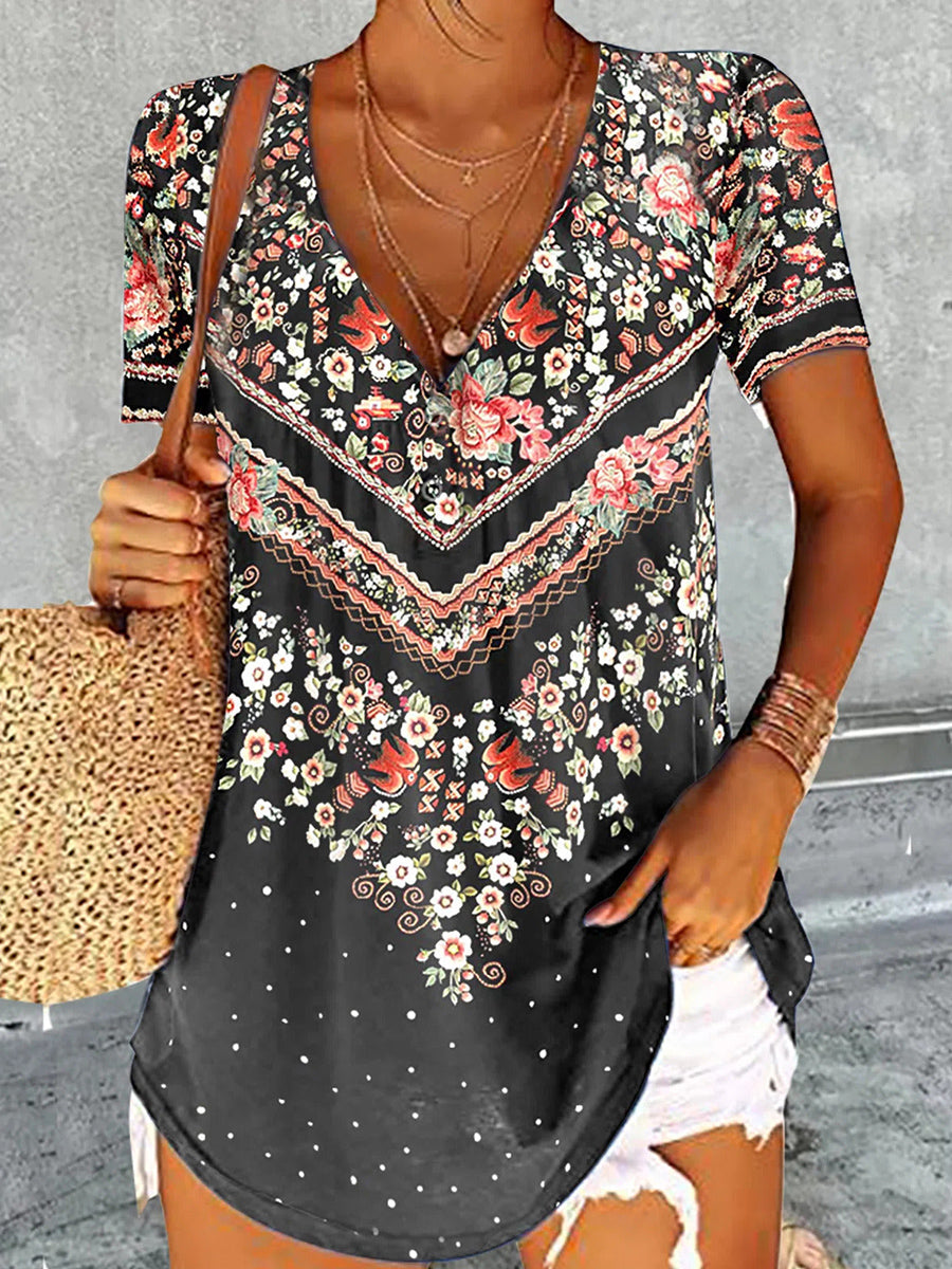 Floral Print V-neck Casual Short Sleeve T-shirt