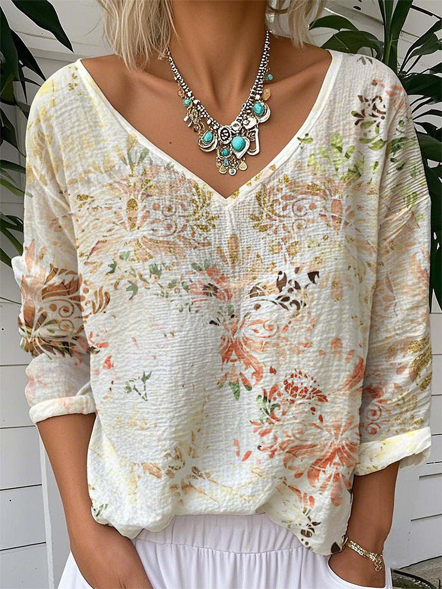 LilyWish Vintage Floral Print V Neck Long Sleeve T-shirt