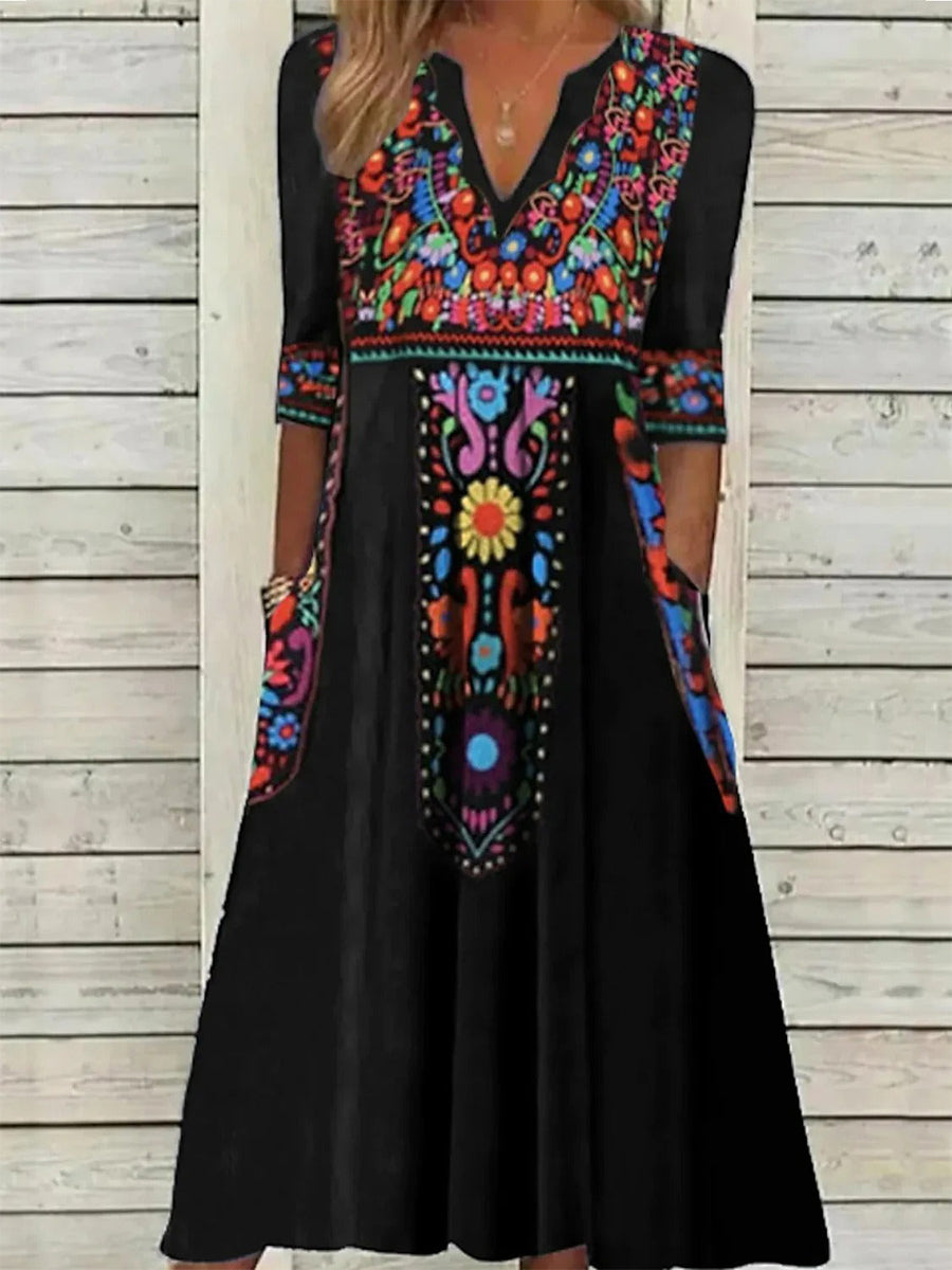 Black Floral V Neck Boho Midi Dress