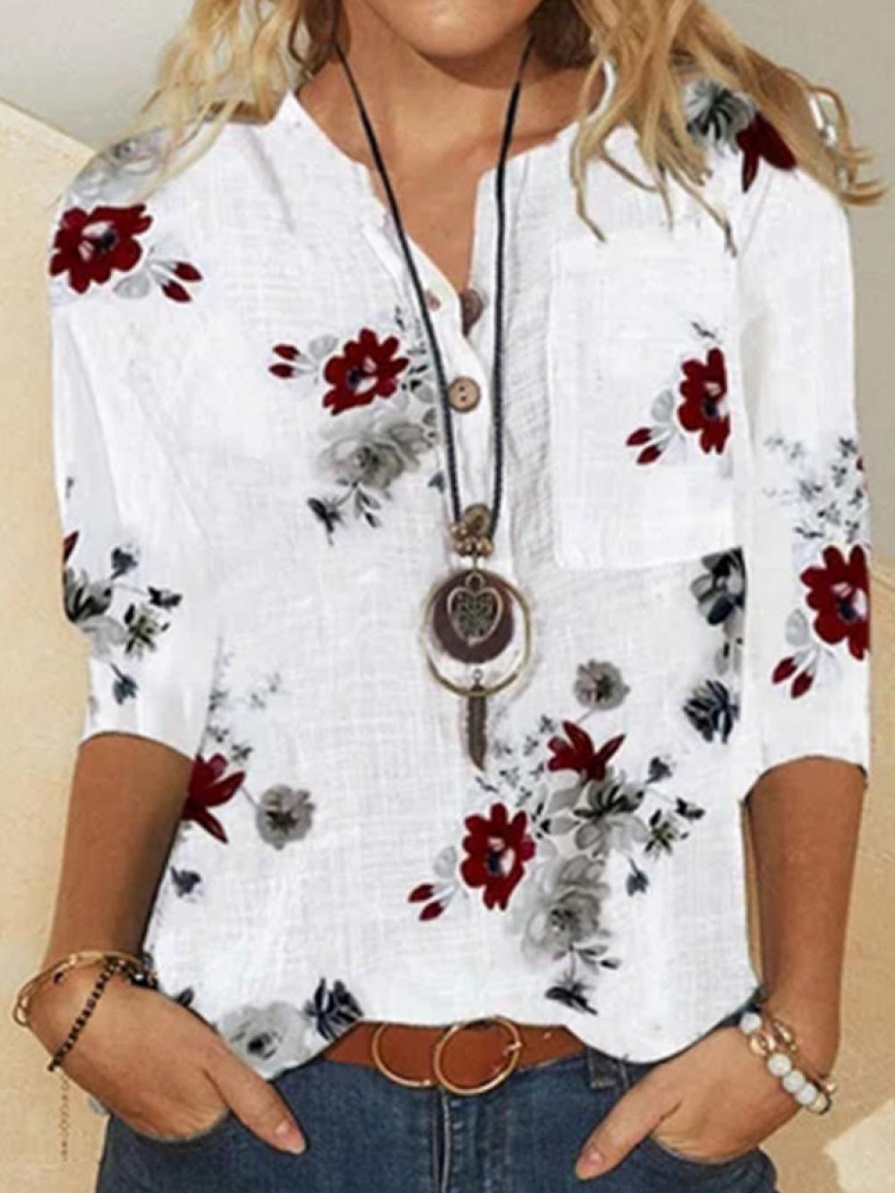 Women's Floral Print V-Neck 3/4 Sleeve Casual Blouse