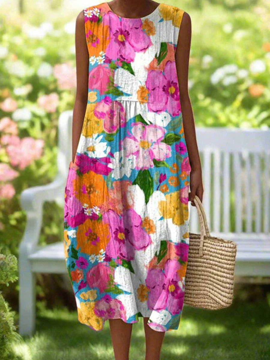 Colourful Floral Print Round Neck Sleeveless Dress