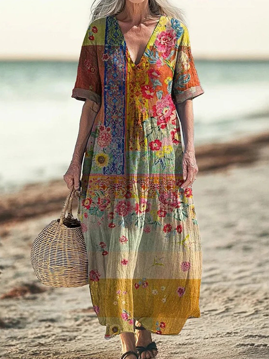LilyWish Vintage Floral Art Print Short Sleeve Cotton Dress