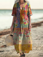 LilyWish Vintage Floral Art Print Short Sleeve Cotton Dress