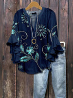 LilyWish Vintage Floral Print V-neck Half Sleeve Blouse